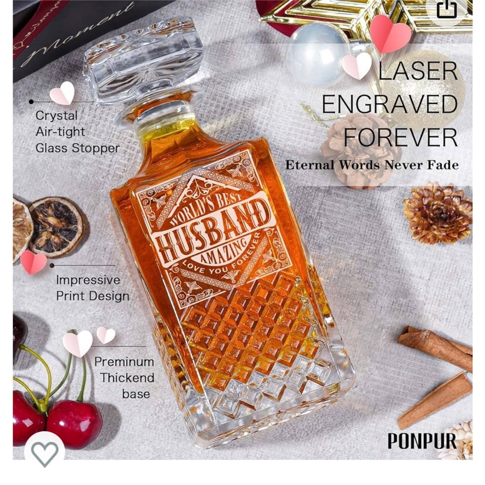 Decanter Set Engraved Unique Words, Best Anniversary or holiday Gift.